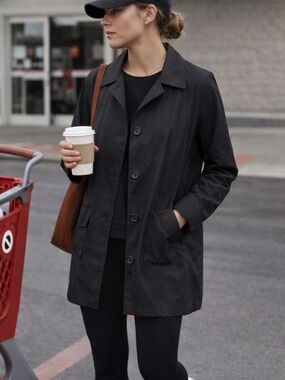 Lands’ End Black Tech Trench Coat Women’s M Lightweight Rain Jacket